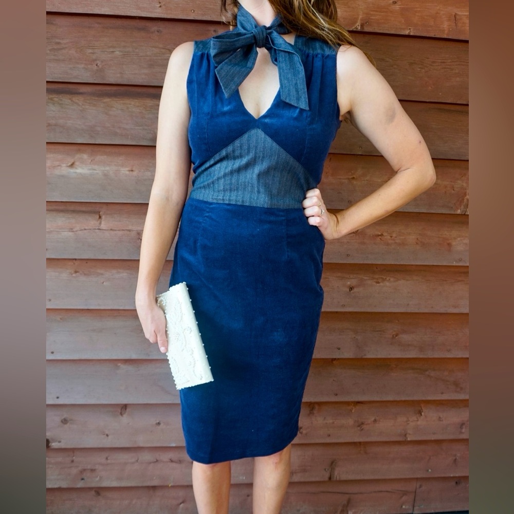 DAM ZELS Vintage Corduroy&Denim Mid Knee Dress - Navy Blue
